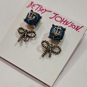 Betsey Johnson Anchor & Rope Bow Post Back Earrings Set Blue Gold Tone Hdwr NWT